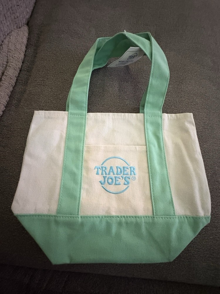 Trader Joe’s Tote Green Beige Canvas Color Block Reusable Shopping Bag