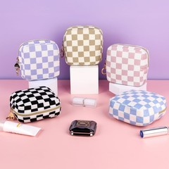 Playexen Corduroy Small Makeup Bag, Checkered Blue, Checkered-Blue