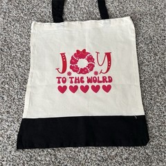 Foldable Canvas Tote Bag All-Over Joy to the World Design White Black Red