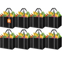 8 Pack Reusable Grocery Bags Long Handles Multipurpose Large Foldable Black
