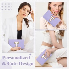Personalized Makeup Bag Initial A-Z Preppy Patch T, Purple,White-Letter