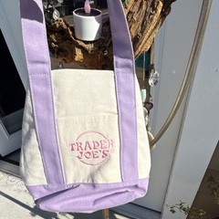 Custom made Trader Joe’s Small Canvas Tote Bag Purple Beige patch Rhinestones