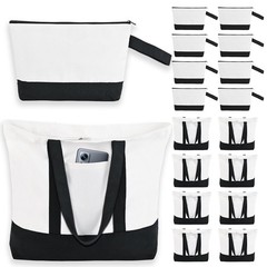 16 Pcs Canvas Tote Bags Bulk and Makeup Pouches Set, 12oz Cotton Reusable Zip…