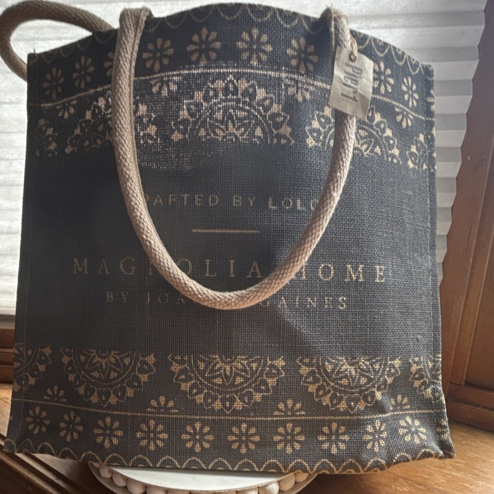 Magnolia Home Burlap Reusable Shopping Bag Foldable Brown Beige Contemporary