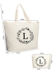 Personalized Initial Canvas Tote Bag with Zipper, Present Bag with Inner Pock…
