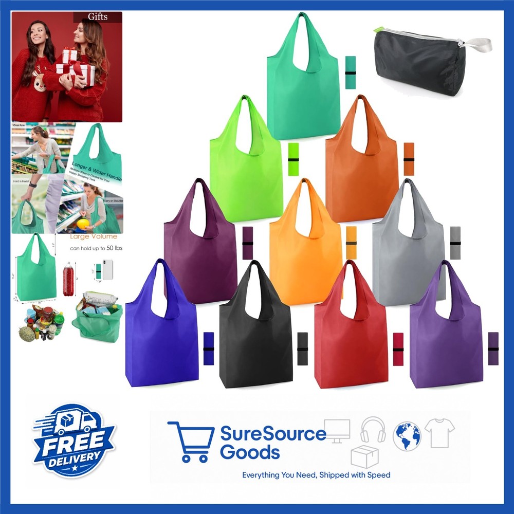 Reusable Grocery Bags 10 Pack Extra Large Lightweight Polyester Machine Washable