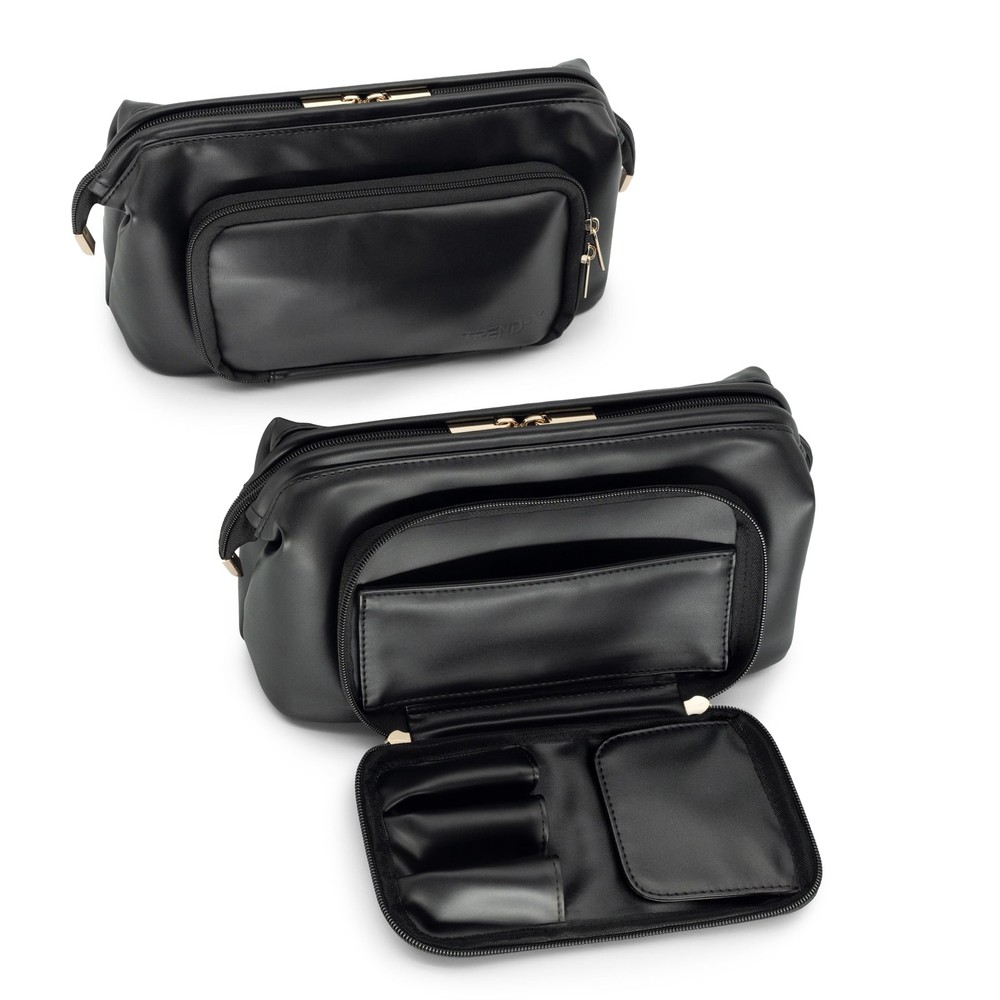 TREND-X PU Leather Makeup Bag with Brush Compartment, Open Flat Travel Black