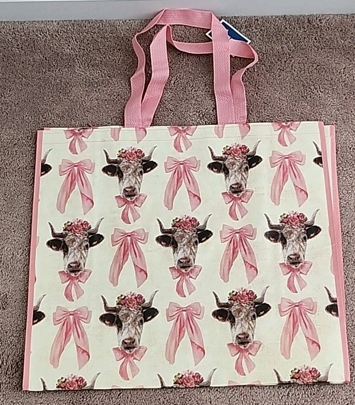 New Marshalls – Fancy Highland Cow & Bows – Large Reusable Shopping Tote Eco Bag