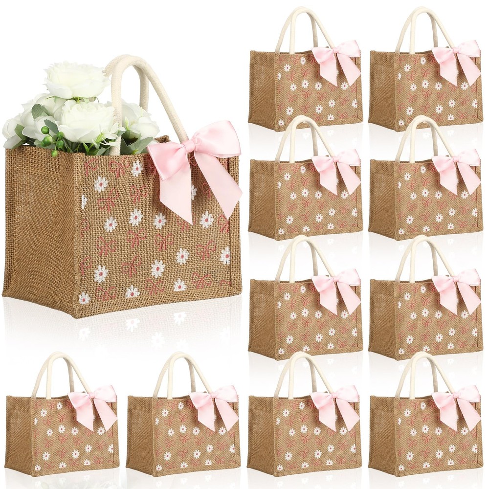 12 Pcs Mini Burlap Tote Bags Daisy Flower Pink Bow Ribbon Party Favor 9x6in