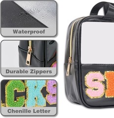 Snack Bags Chenille Letter Clear Makeup Bag Snacks for Travel, Black