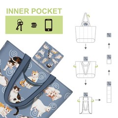 NymphFable 2 Pack Reusable Grocery Bags Polyester Cute Cat Shopping Bag With …