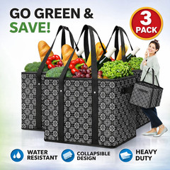Reusable Grocery Bags 3 Pack Collapsible Totes Storage Box Water Resistant Black