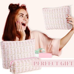 Paterr 2 Pcs Cotton Quilted Makeup Bag Set Coquette Pink Rectangle,