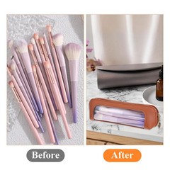 Small Clear Makeup Pouch, PU Leather Brush Bag Portable Travel Brown