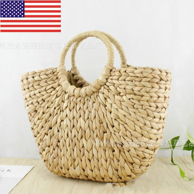 Lady Wicker Handbag Bags Totes Beach Straw Woven Summer Rattan Basket Retro