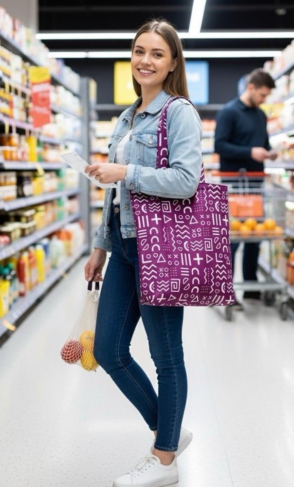 Purple Geometric Large Foldable Reusable Shopping Bag Fabric Modern Style