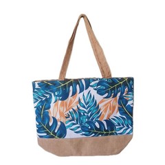 Large Blue Multicolor Leaf Print Polyester Tote Reusable Bag Beige Handles
