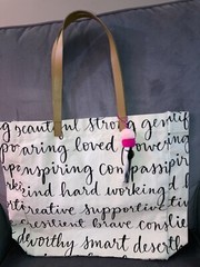 Canvas Cotton Pink Pom-Pom 15″ Tote Reusable Gift Bag Black Inspiring Words Kind