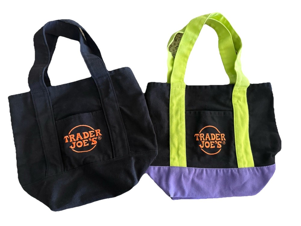 2x Trader Joe’s Black W/ Green Straps Mini Halloween Canvas Tote Bag + All Black