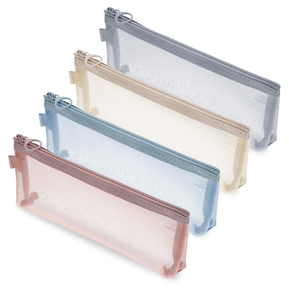 4 Pcs Mesh Makeup Brush Bag, Nylon 20x9x4 cm, Morandi Blue, Pink, Gray, Khaki