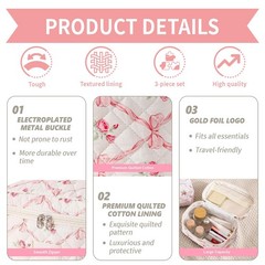 LAKSMI 3PCS Cotton Quilted Floral Makeup Bag Set for Women, Cute Make Up Pink