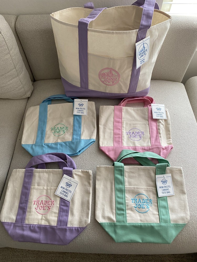 Trader Joe’s Lavender Purple Large Canvas Tote Bag Plus 4 mini totes and a box