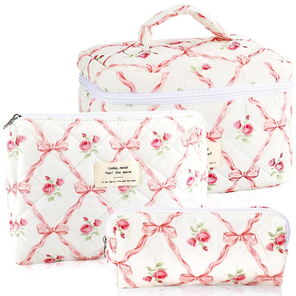 URSKYTOUS 3Pcs Makeup Bag Quilted Cosmetic Set Bow MM 3PCS Pink