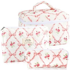 URSKYTOUS 3Pcs Makeup Bag Quilted Cosmetic Set Bow MM 3PCS Pink