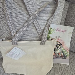 Thirty-One Canvas Tote Bag Beige/Gray Striped Handles 13x10x6 in New