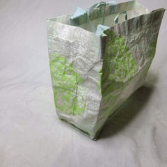 Reusable Green White Shopping Tote Bag Tree Design Light Blue Handles Foldable