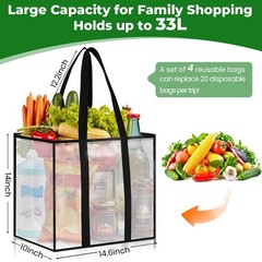 4 Pack Reusable Grocery Bags, Heavy-Duty Shopping Bags with Sturdy Handles, W…