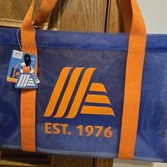 ALDI 50th Anniversary Mesh Tote Bag Blue With Orange Straps Quarter Keychain NEW