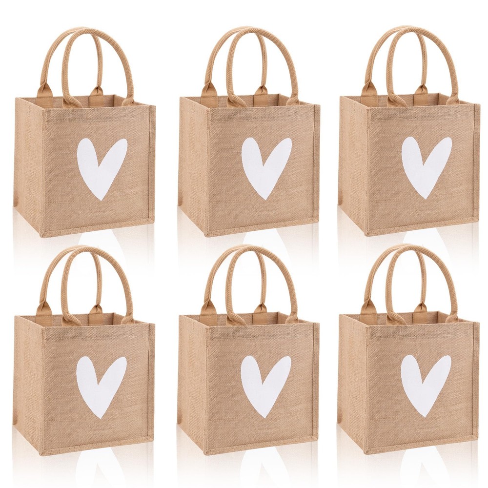 6 Pack Burlap Tote Bags with Handles Only One White Heart Printed Reusable Ju…