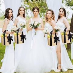 6 PCS Bridesmaid Straw Beach Bags Woven Burlap Tote Handle Ribbon Black