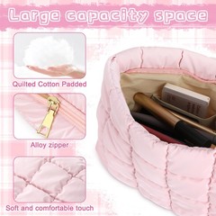 juciasouul 2 PCS Puffy Quilted Makeup Bag, Cute Cosmetic Bag for Women Pink