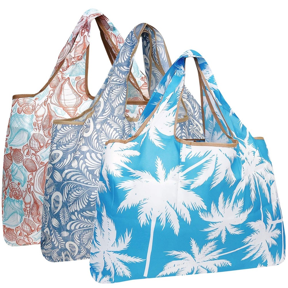 Large Foldable Tote Nylon Reusable Grocery Bags 3 Pack
