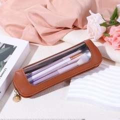 Small Clear Makeup Pouch, PU Leather Brush Bag Portable Travel Brown