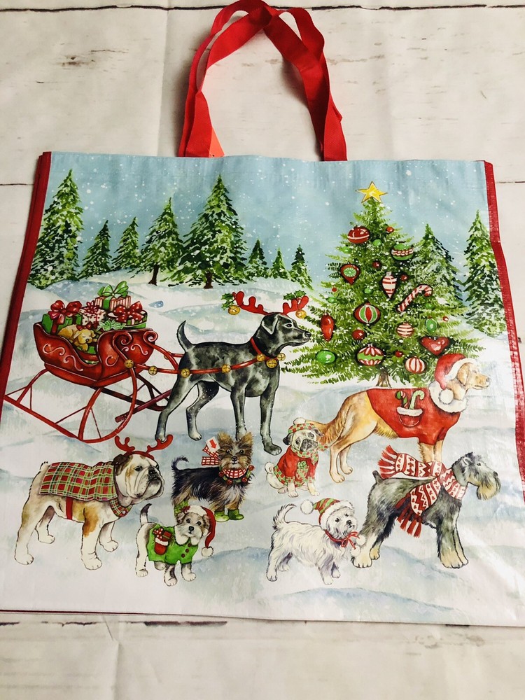 Christmas Shopping Bag Reusable Tote DOGS With Santa Sleigh