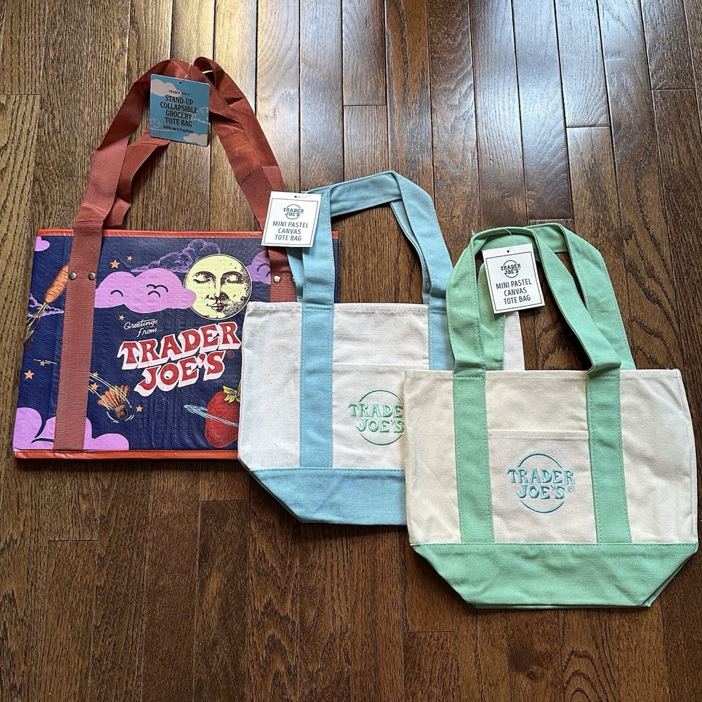 NWT Trader Joes Bag Bundle Collapsible Grocery Tote + 2 Mini Pastel Canvas Totes