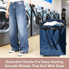 (Medium,Navy Blue) Reusable Grocery Bag on 4 Wheels, 70L Foldable Rolling Tot…