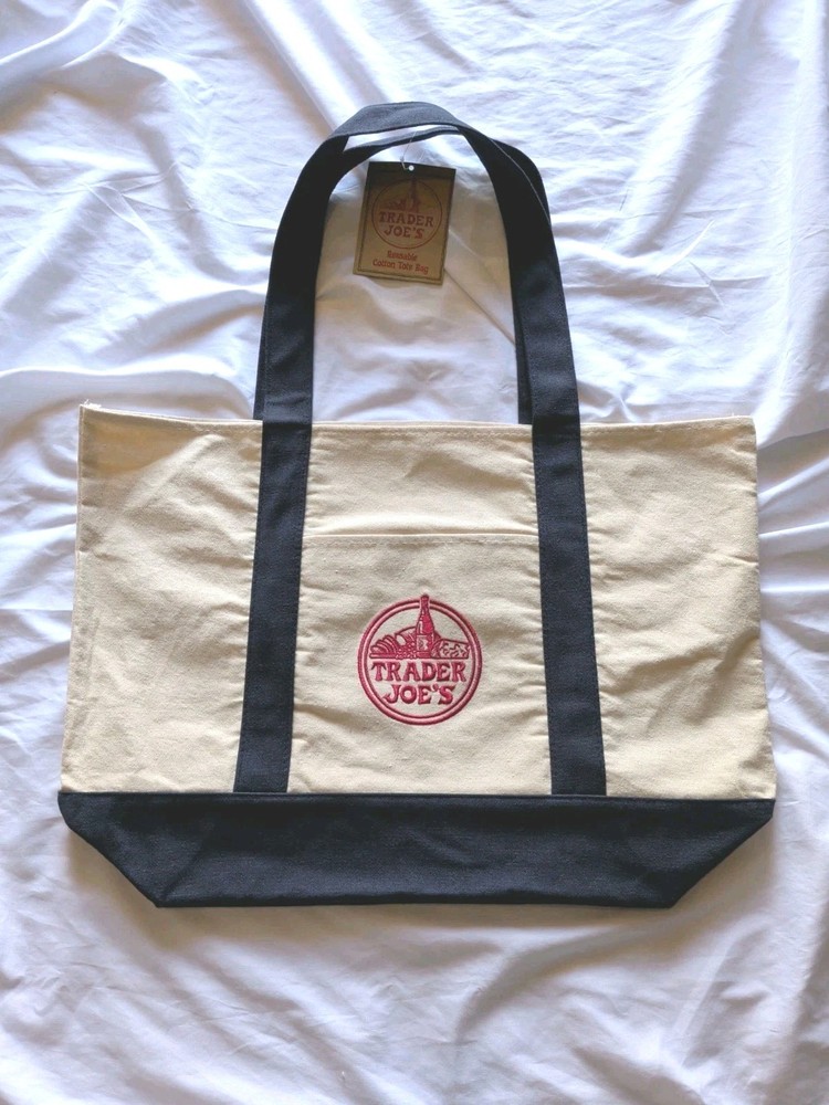 Trader Joe’s Large Canvas Tote Bag Blue and White Reusable NWT Embroidered