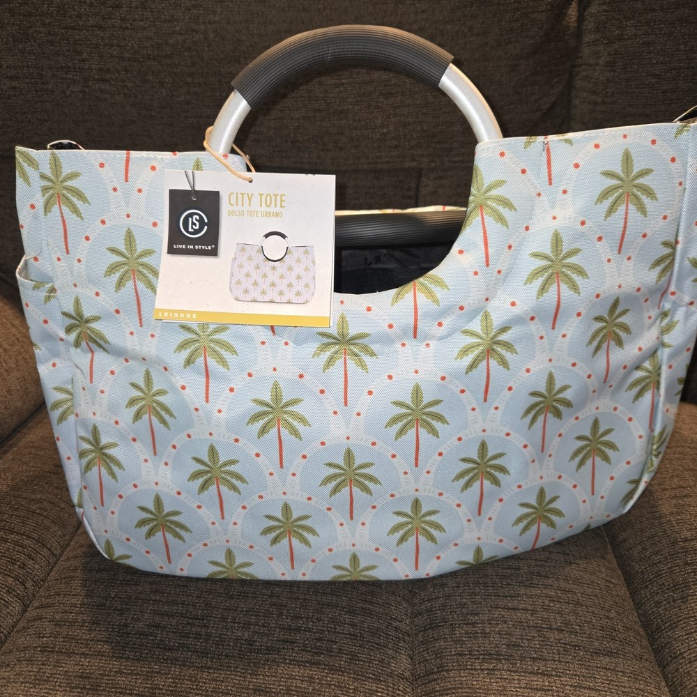 Living In Style City Tote Palm Trees Blue Canvas Type Bag Large NEW