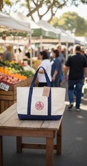 Trader Joe’s Large Reusable Foldable Cotton Shopping Bag Beige Navy Blue