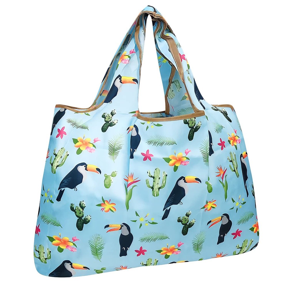 Large Reusable Toucan Cacti Tote Bag Durable Eco-Friendly Foldable Grocery Bag