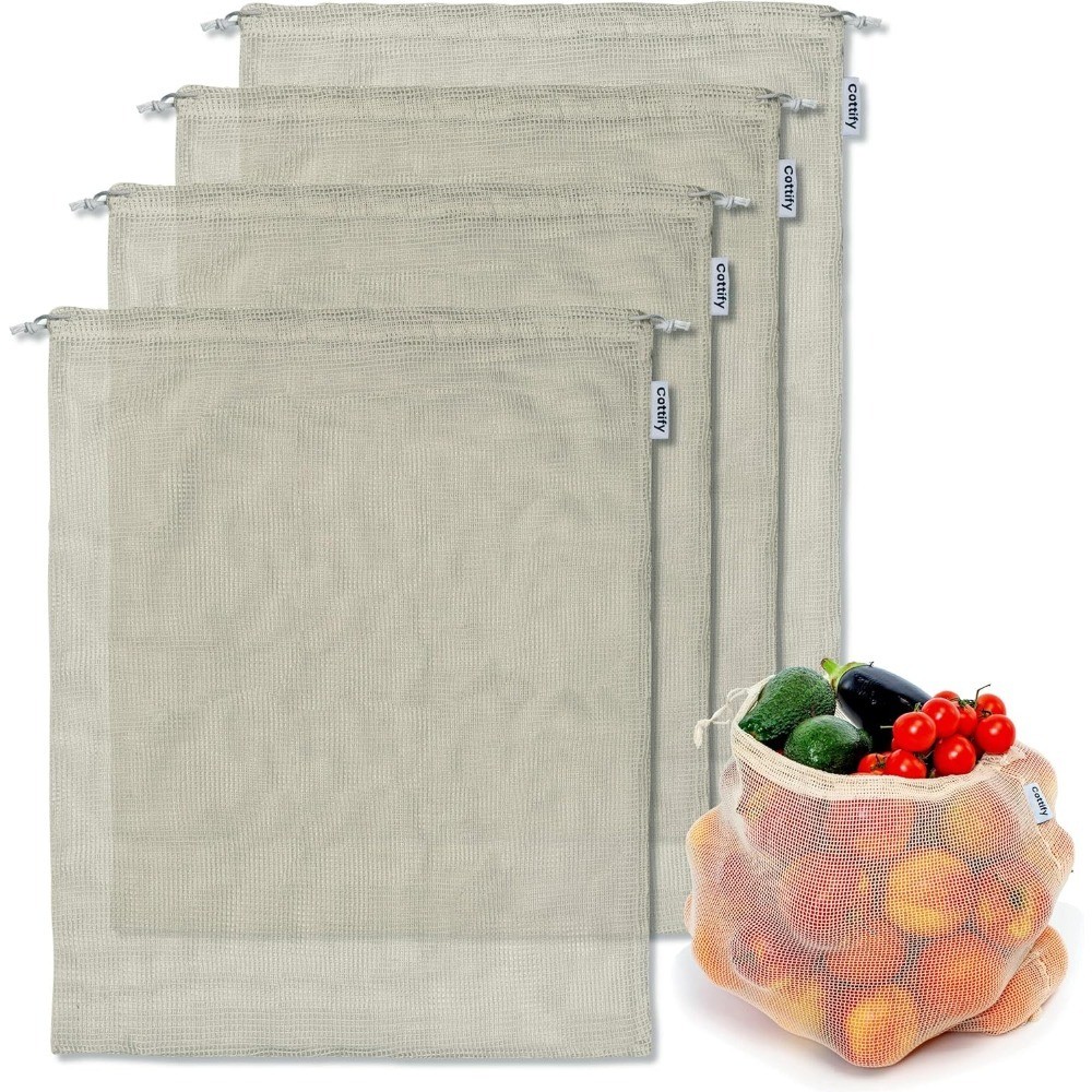Reusable Organic Cotton Mesh Produce Bags 4-Pack XL Washable Grocery Bags