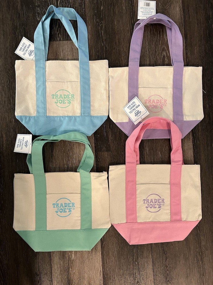 Trader Joe’s Spring Mini Pastel Canvas Tote Bag Set Of 4 New Tags Pink Blue Teal