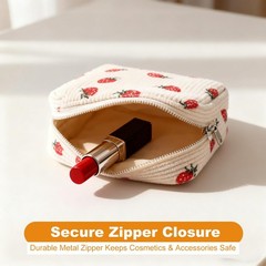 YKEBVPW Mini Makeup Pouch Small Strawberry Corduroy Quilted Cosmetic Beige