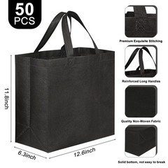 50 Pack Black Reusable Totes Bag with Reinforced Handles Non Woven Bulk Shopp…