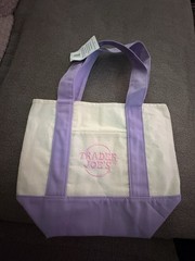 Trader Joe’s Tote Purple Beige Foldable Canvas Solid Reusable Shopping Bag