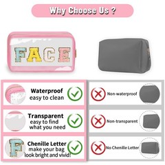 Chenille Letter Clear Makeup Bags Face Pouch, Preppy Patch FACE-Pink